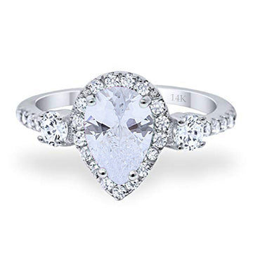 14K White Gold Three Stone Halo Teardrop Pear Fashion Bridal Wedding Engagement Ring Simulated CZ